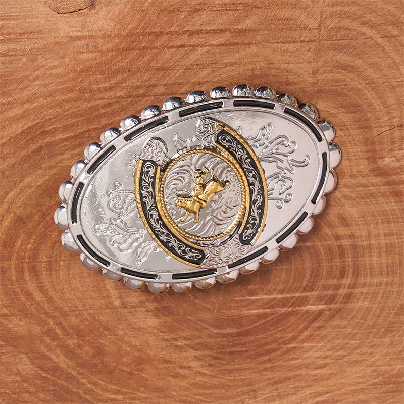 Retro Golden Cowboy Bull Silver Oval Buckle Leather Belt - image 1