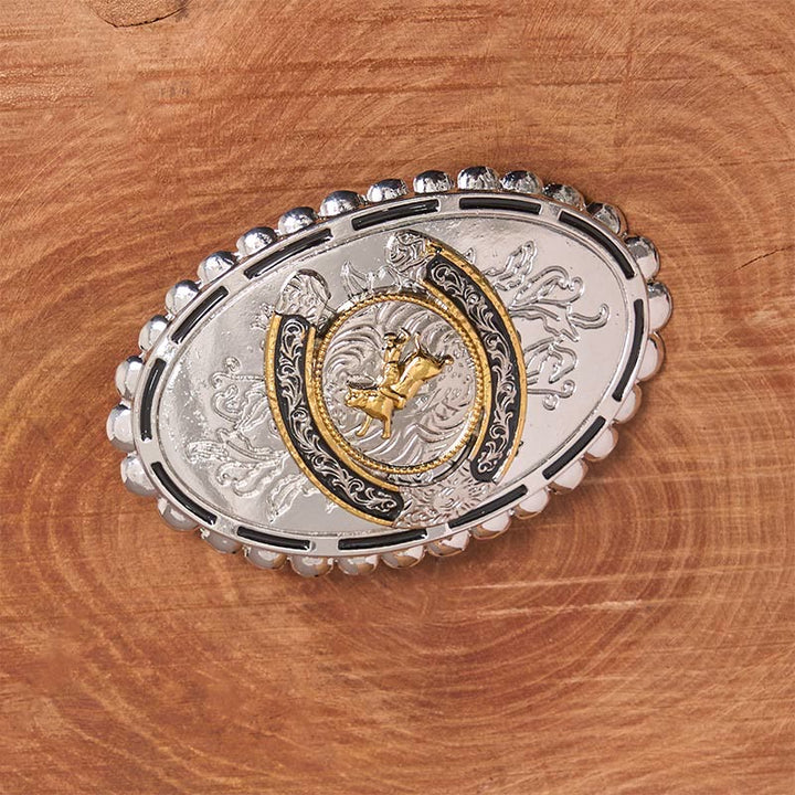 Retro Golden Cowboy Bull Silver Oval Buckle Leather Belt - image 1