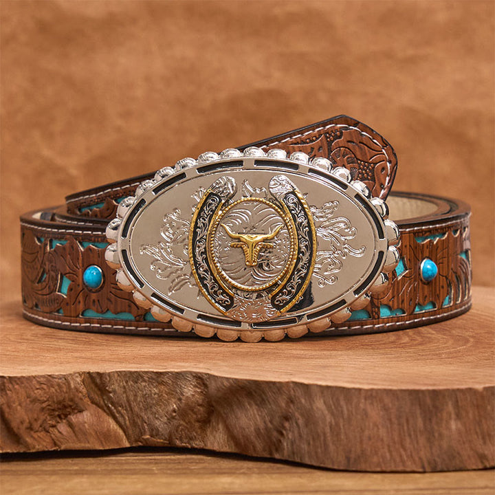 Men's Silver Carved Golden Bull Head Ellipse Buckle Leather Belt - Turquoise Carved Belt - 42 - image 3