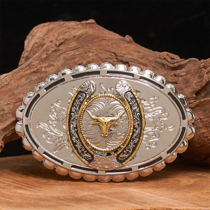 Men's Silver Carved Golden Bull Head Ellipse Buckle Leather Belt - Without Belt - Not Included Belt - image 0