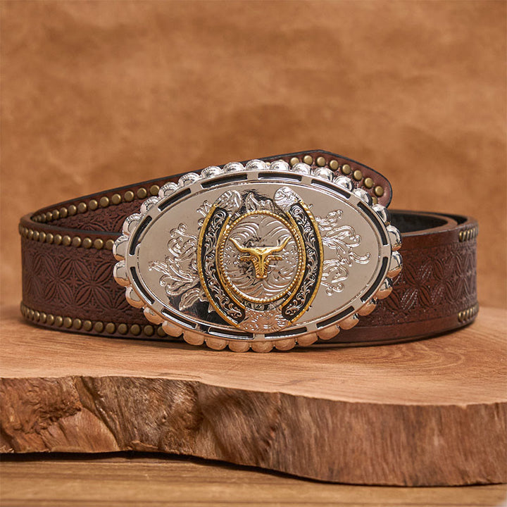 Men's Silver Carved Golden Bull Head Ellipse Buckle Leather Belt - Brown Rivet Belt - 42 - image 4