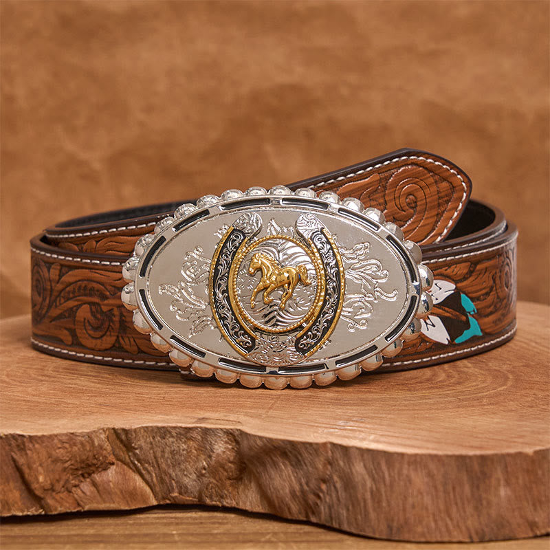 Men's Western Silver Carved Golden Horse Ellipse Buckle Leather Belt - Brown Feather Belt - 40 - image 7
