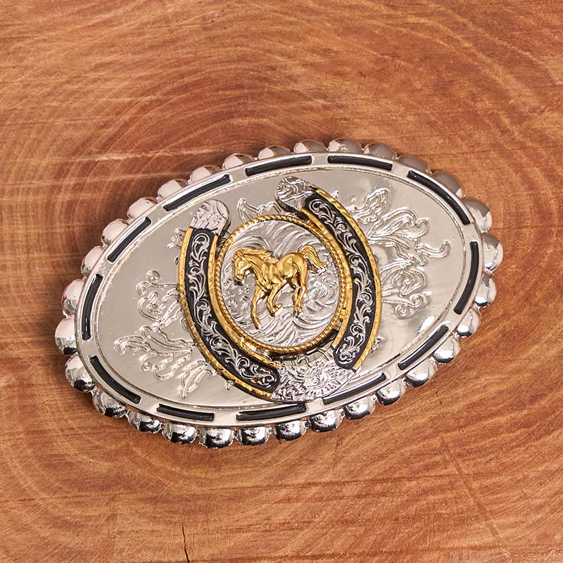 Men's Western Silver Carved Golden Horse Ellipse Buckle Leather Belt - image 1