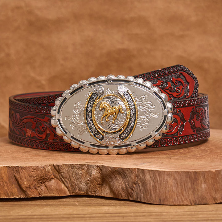 Men's Western Silver Carved Golden Horse Ellipse Buckle Leather Belt - Brown Carved Belt - 42 - image 6