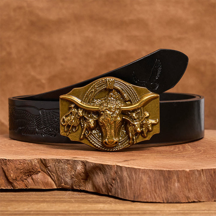 Men's Western Golden & Sliver Bull Head Buckle Leather Belt - Golden - Black Embossed Eagle Belt - 42 - image 4