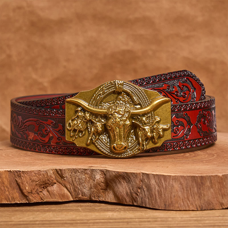 Men's Western Golden & Sliver Bull Head Buckle Leather Belt - Golden - Brown Carved Belt - 42 - image 12