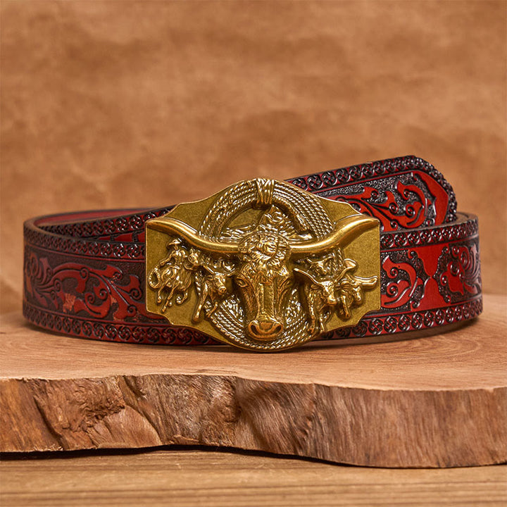 Men's Western Golden & Sliver Bull Head Buckle Leather Belt - Golden - Brown Carved Belt - 42 - image 12