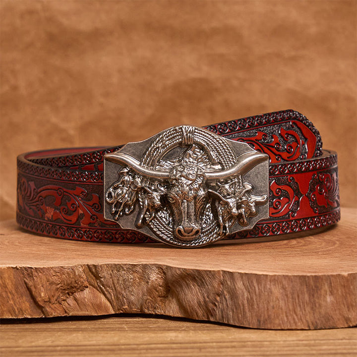Men's Western Golden & Sliver Bull Head Buckle Leather Belt - Silver - Brown Carved Belt - 42 - image 13