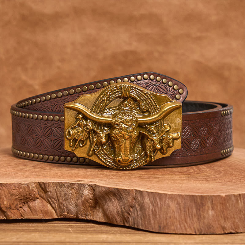 Men's Western Golden & Sliver Bull Head Buckle Leather Belt - Golden - Brown Rivet Belt - 42 - image 8