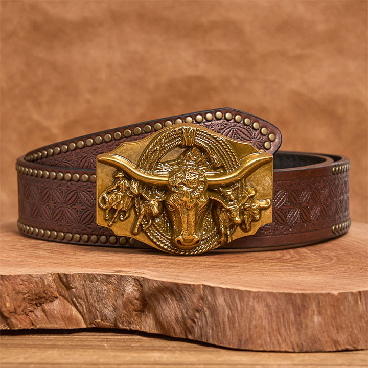 Men's Western Golden & Sliver Bull Head Buckle Leather Belt - Golden - Brown Rivet Belt - 42 - image 8