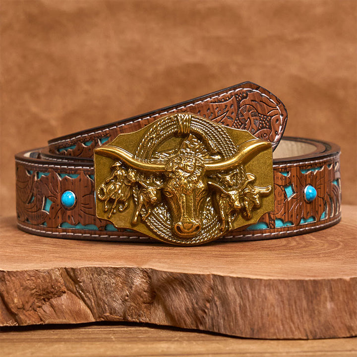 Men's Western Golden & Sliver Bull Head Buckle Leather Belt - Golden - Turquoise Carved Belt - 42 - image 6