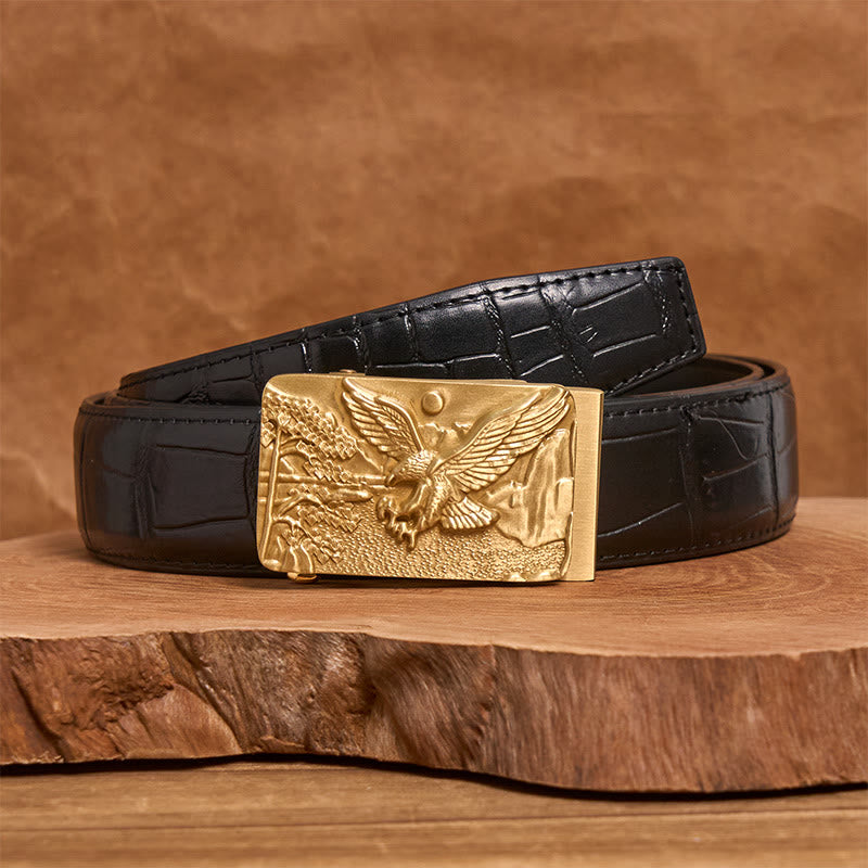 Men's Golden Eagle Carved Metal Automatic Buckle Leather Belt - Golden Eagle - Black Crocodile Pattern Belt (40) - image 2