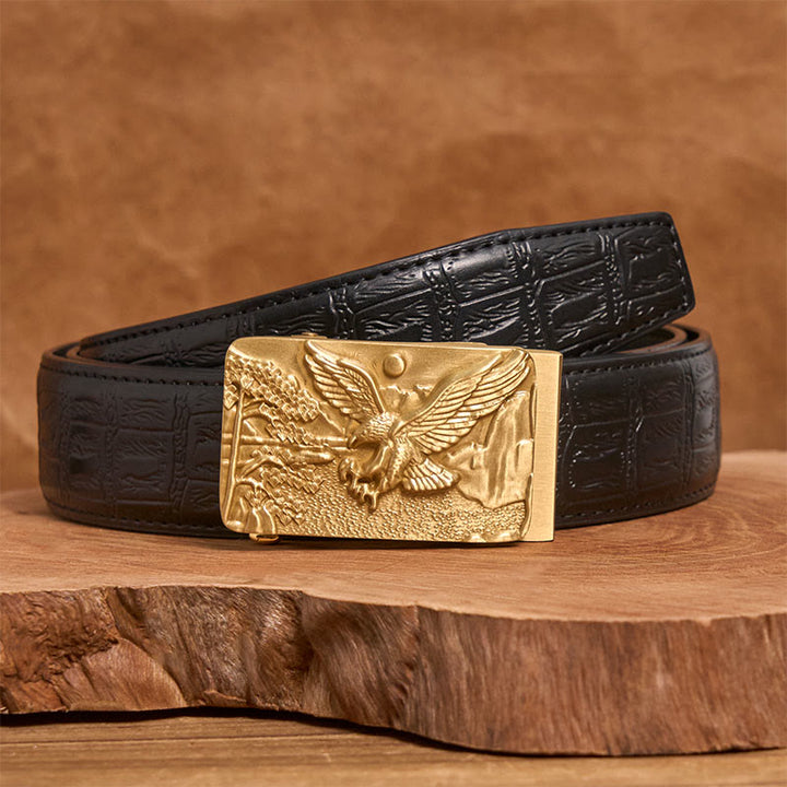 Men's Golden Eagle Carved Metal Automatic Buckle Leather Belt - Golden Eagle - Black Snake Pattern Belt (40) - image 4