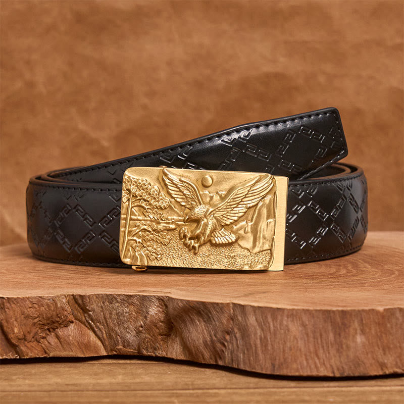 Men's Golden Eagle Carved Metal Automatic Buckle Leather Belt - Golden Eagle - Black Diamond Pattern Belt (40) - image 3