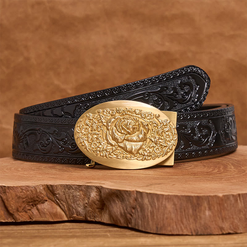 Men's Golden Rose Oval Metal Automatic Buckle Leather Belt - Golden Rose - Black Carved Pattern Belt (40) - image 5