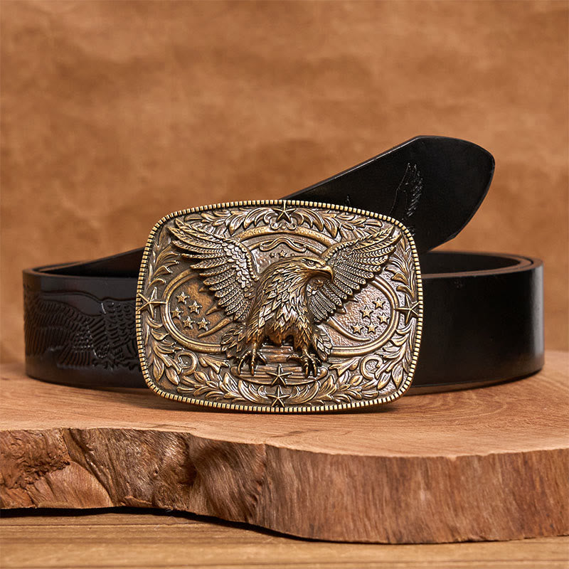 Men's Vintage Bronze 3D Eagle Buckle Leather Belt - Bronze - Black Embossed Eagle Belt - 42 - image 2