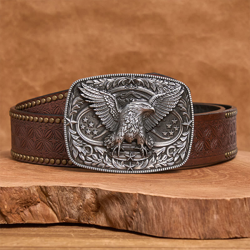 Men's Vintage Bronze 3D Eagle Buckle Leather Belt - Silver - Brown Rivet Belt - 42 - image 7
