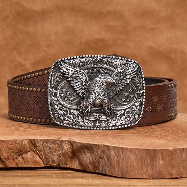 Men's Vintage Bronze 3D Eagle Buckle Leather Belt - Silver - Brown Rivet Belt - 42 - image 7