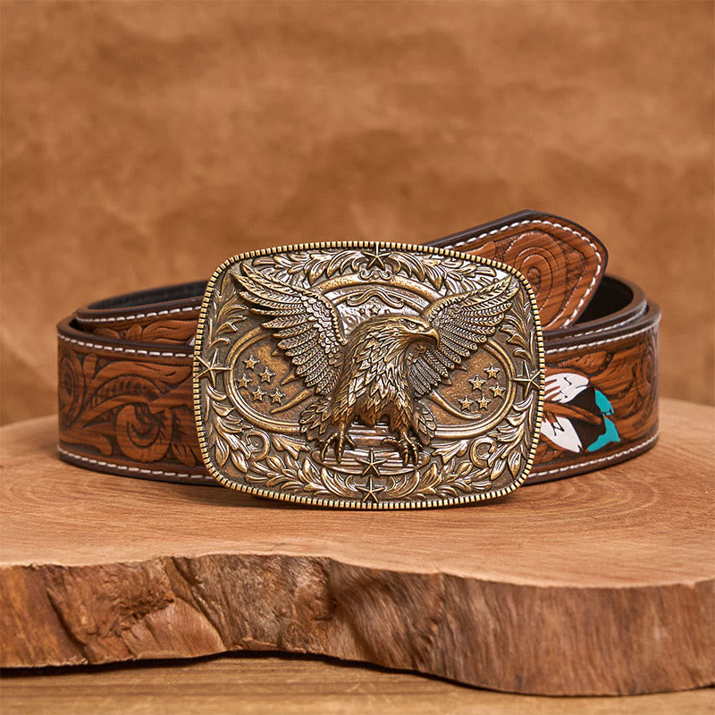 Men's Vintage Bronze 3D Eagle Buckle Leather Belt - Bronze - Brown Feather Belt - 40 - image 12