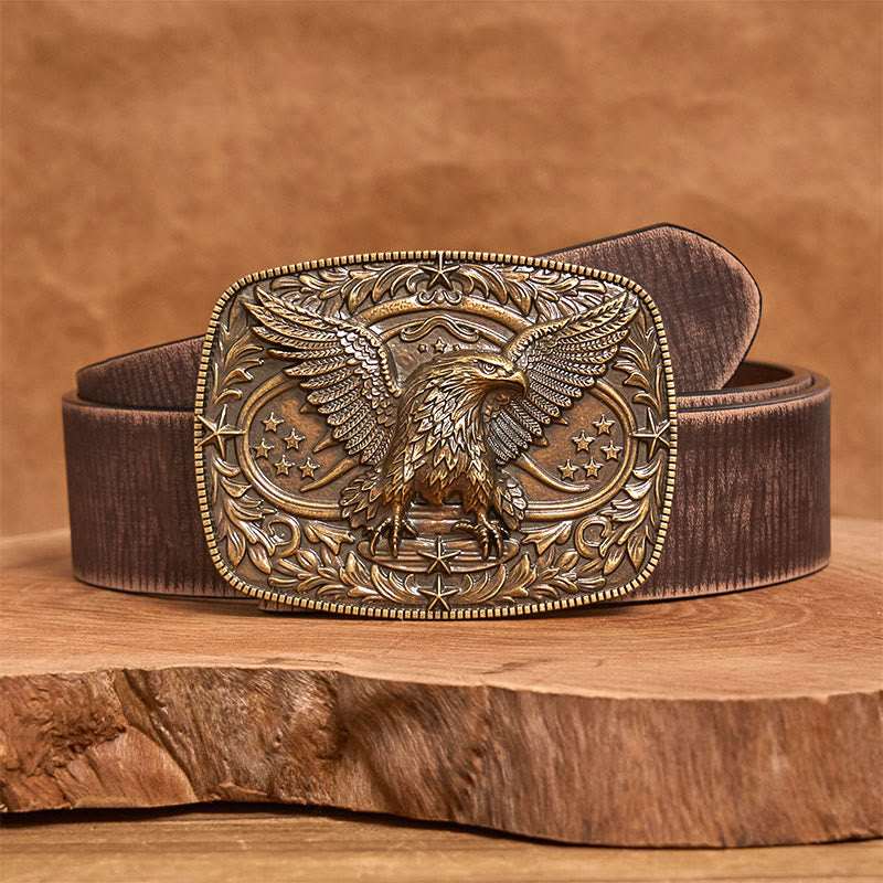 Men's Vintage Bronze 3D Eagle Buckle Leather Belt - Bronze - Brown Distressed Belt - 42 - image 10