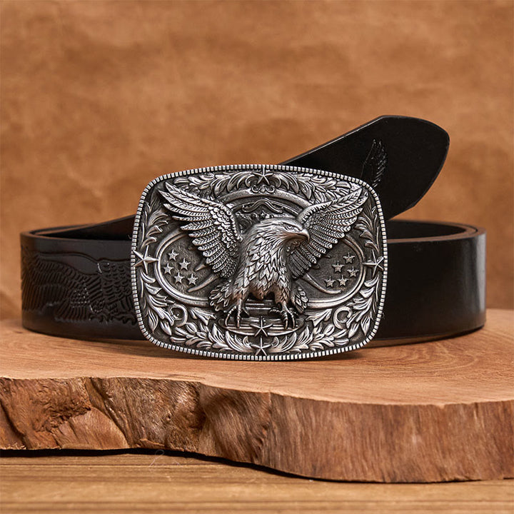 Men's Vintage Bronze 3D Eagle Buckle Leather Belt - Silver - Black Embossed Eagle Belt - 42 - image 3