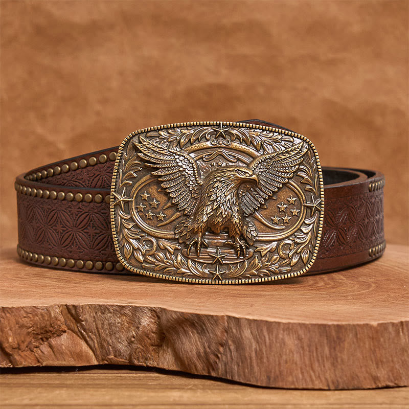 Men's Vintage Bronze 3D Eagle Buckle Leather Belt - Bronze - Brown Rivet Belt - 42 - image 8