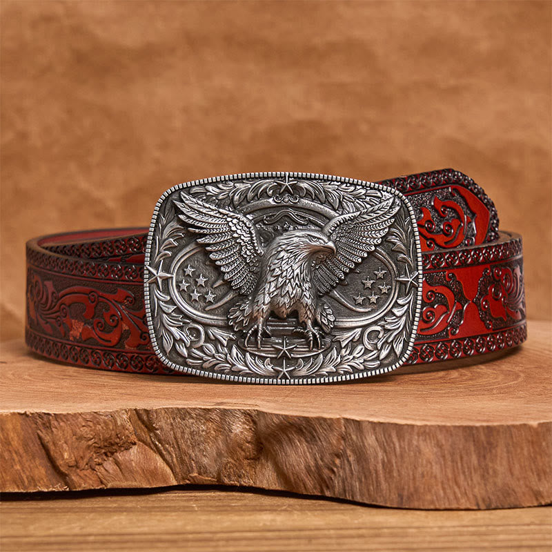 Men's Vintage Bronze 3D Eagle Buckle Leather Belt - Silver - Brown Carved Belt - 42 - image 11