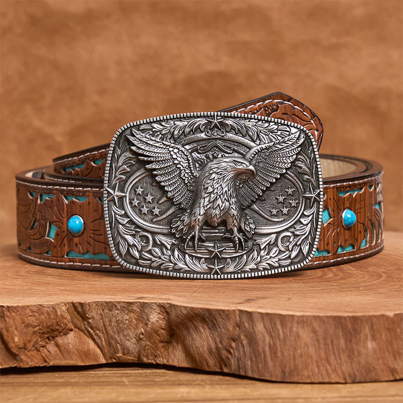 Men's Vintage Bronze 3D Eagle Buckle Leather Belt - Silver - Turquoise Carved Belt - 42 - image 7