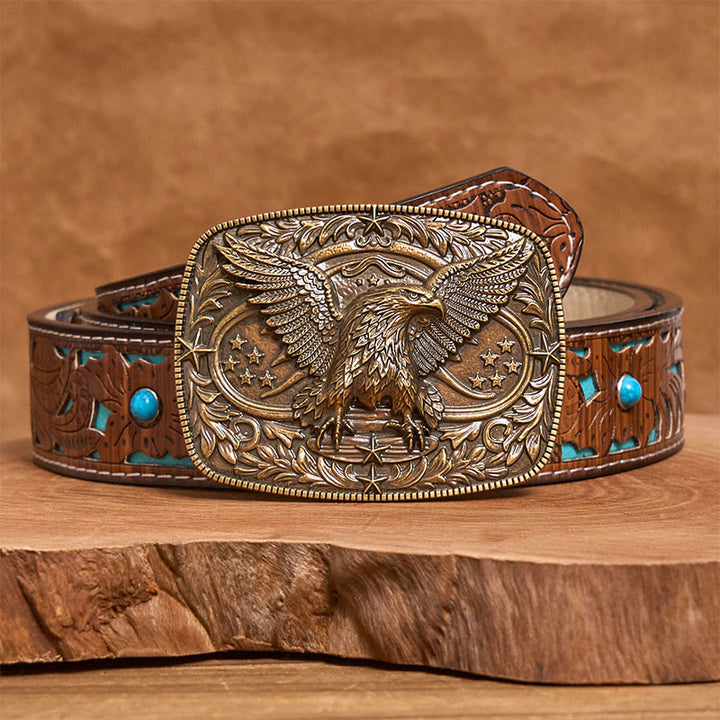 Men's Vintage Bronze 3D Eagle Buckle Leather Belt - Bronze - Turquoise Carved Belt - 42 - image 4