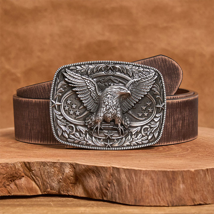 Men's Vintage Bronze 3D Eagle Buckle Leather Belt - Silver - Brown Distressed Belt - 42 - image 9