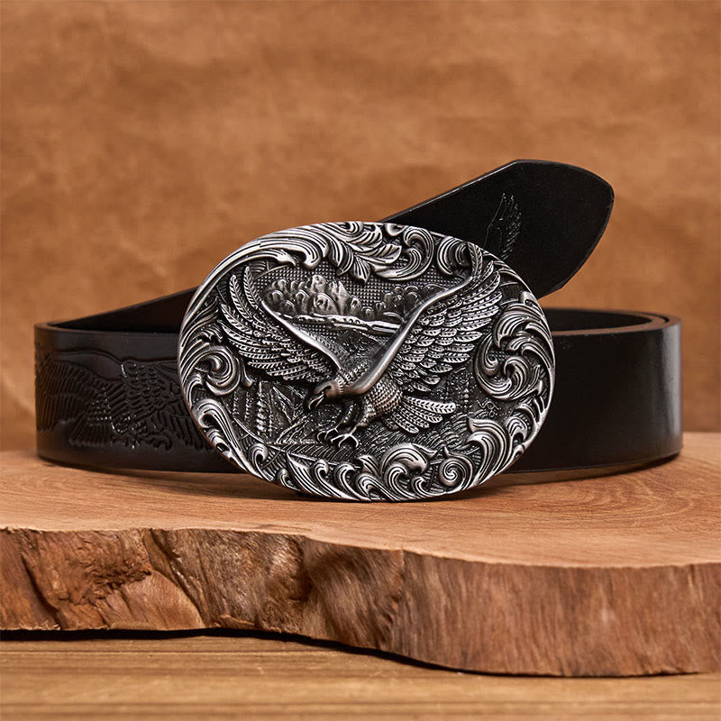 Men's Western Flying Eagle Embossed Buckle Leather Belt - Silver - Black Embossed Eagle Belt - 42 - image 4