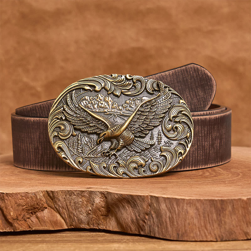 Men's Western Flying Eagle Embossed Buckle Leather Belt - Bronze - Brown Distressed Belt - 42 - image 11