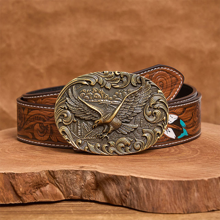 Men's Western Flying Eagle Embossed Buckle Leather Belt - Bronze - Brown Feather Belt - 40 - image 15