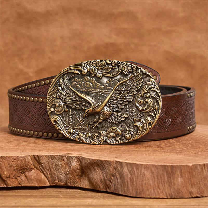Men's Western Flying Eagle Embossed Buckle Leather Belt - Bronze - Brown Rivet Belt - 42 - image 9