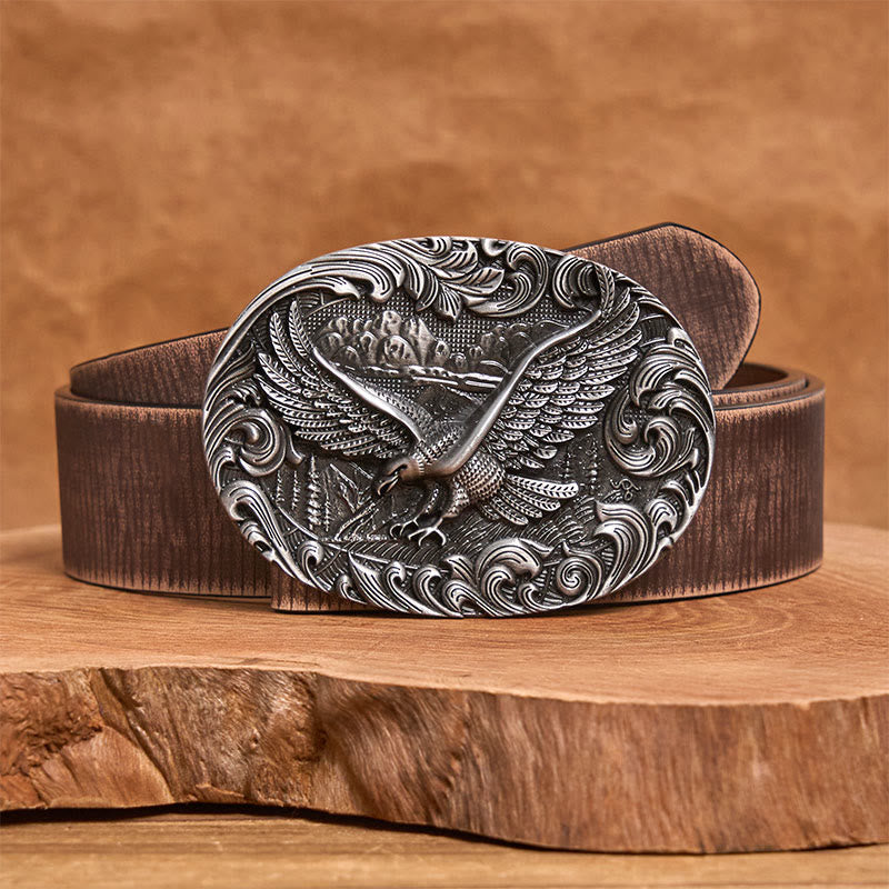 Men's Western Flying Eagle Embossed Buckle Leather Belt - Silver - Brown Distressed Belt - 42 - image 10
