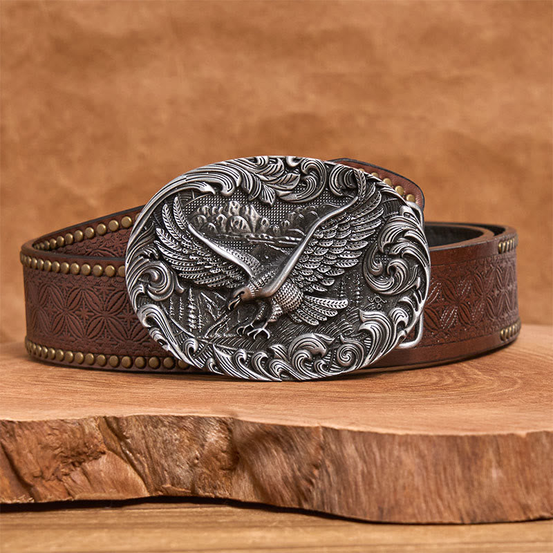 Men's Western Flying Eagle Embossed Buckle Leather Belt - Silver - Brown Rivet Belt - 42 - image 8