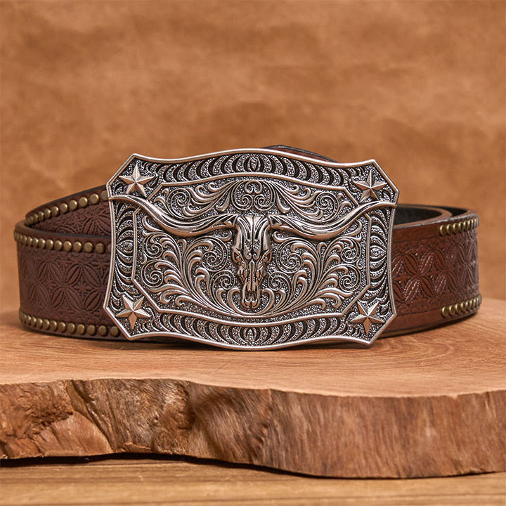 Men's Western Longhorn Skull Ornate Buckle Leather Belt - Silver - Brown Rivet Belt - 42 - image 9