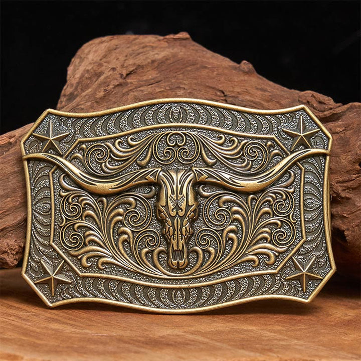 Men's Western Longhorn Skull Ornate Buckle Leather Belt - Bronze - Without Belt - Not Included Belt - image 0