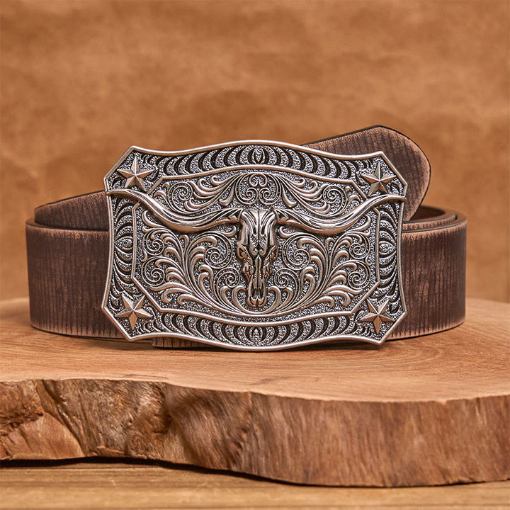 Men's Western Longhorn Skull Ornate Buckle Leather Belt - Silver - Brown Distressed Belt - 42 - image 11