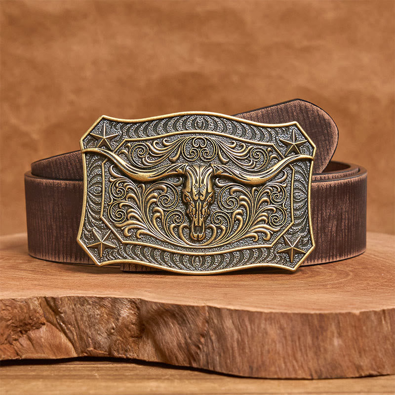 Men's Western Longhorn Skull Ornate Buckle Leather Belt - Bronze - Brown Distressed Belt - 42 - image 10