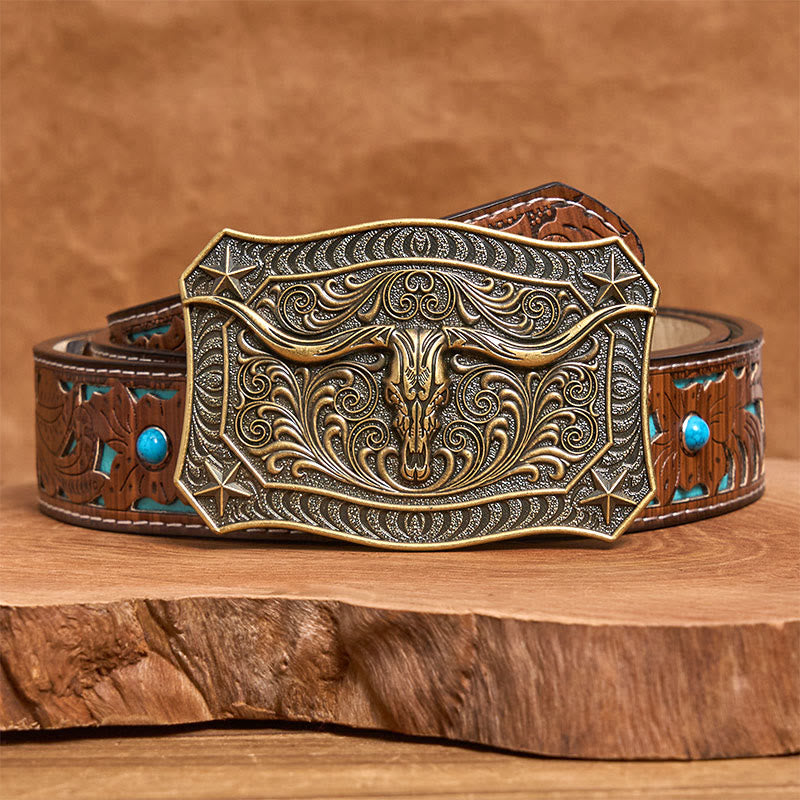 Men's Western Longhorn Skull Ornate Buckle Leather Belt - Bronze - Turquoise Carved Belt - 42 - image 6