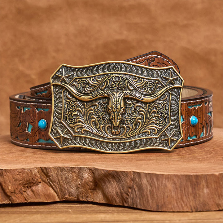 Men's Western Longhorn Skull Ornate Buckle Leather Belt - Bronze - Turquoise Carved Belt - 42 - image 6