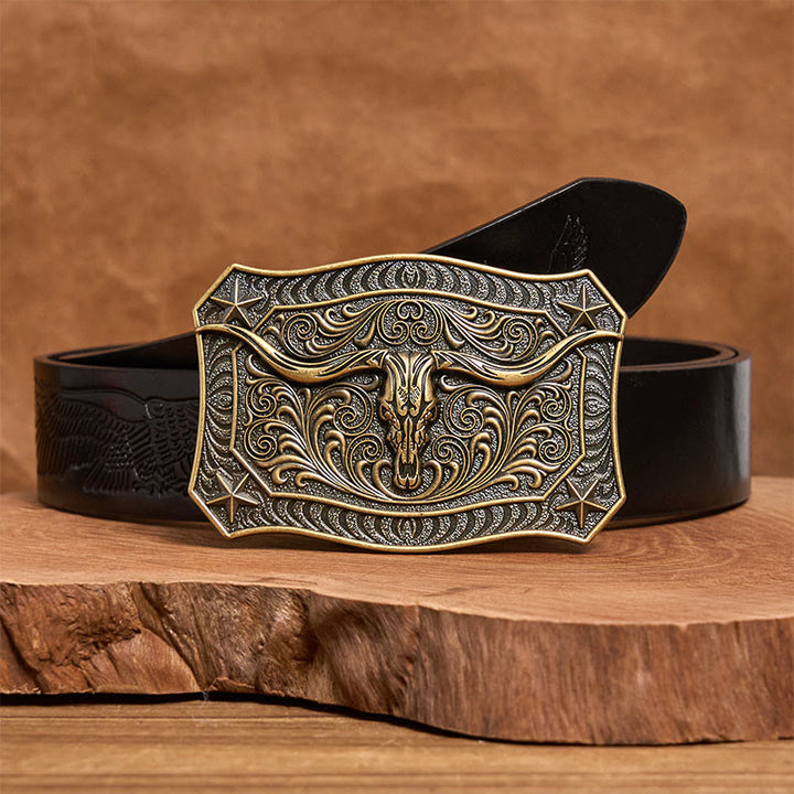 Men's Western Longhorn Skull Ornate Buckle Leather Belt - Bronze - Black Embossed Eagle Belt - 42 - image 4