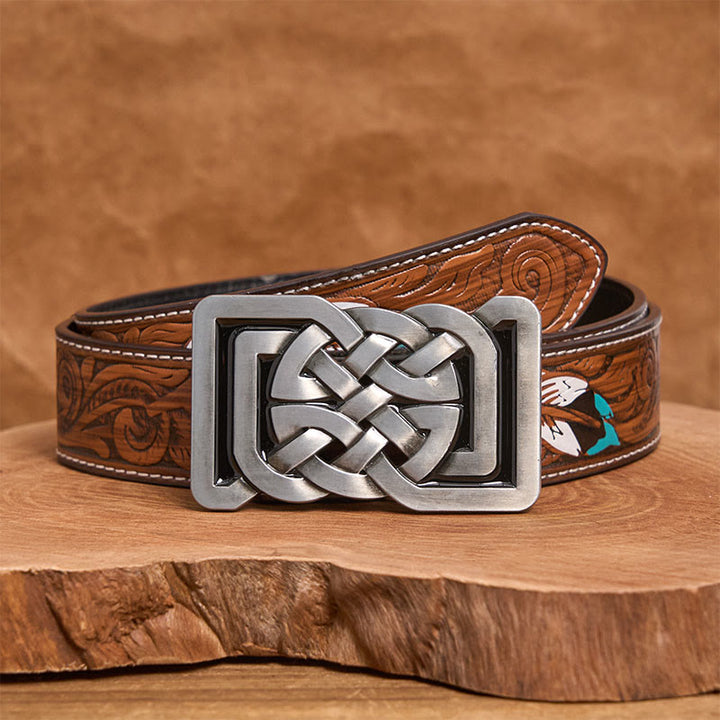 Celtic Knot Style Metal Buckle Leather Belt - Brown Feather Belt - 40 - image 7