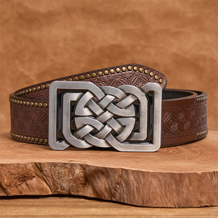Celtic Knot Style Metal Buckle Leather Belt - Brown Rivet Belt - 42 - image 4