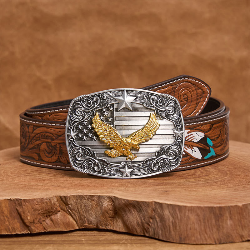 Men's Golden Eagle American Flag Stars Buckle Leather Belt - Brown Feather Belt - 40 - image 7