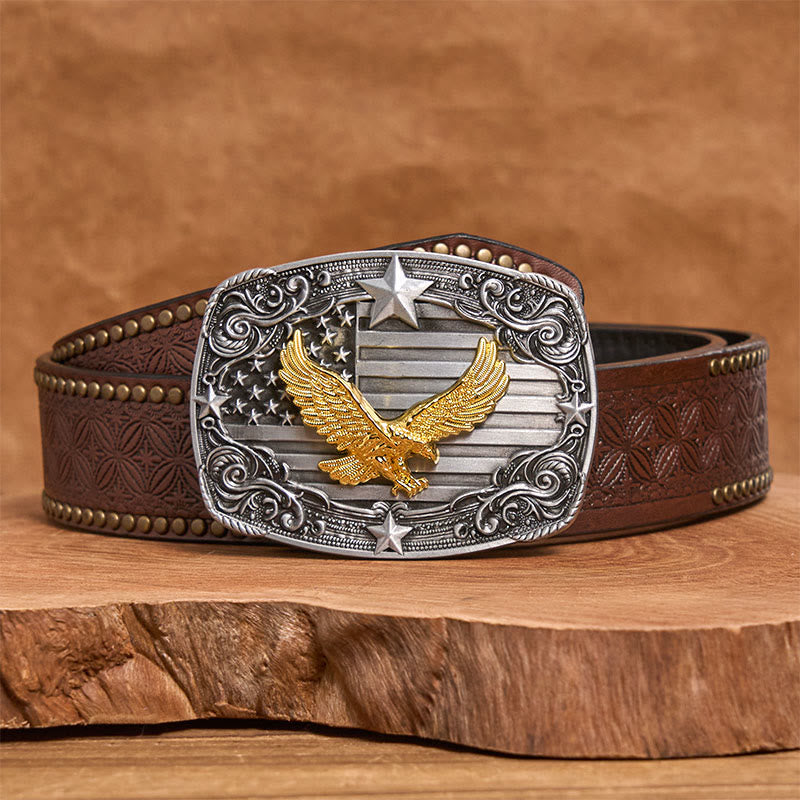 Men's Golden Eagle American Flag Stars Buckle Leather Belt - Brown Rivet Belt - 42 - image 4