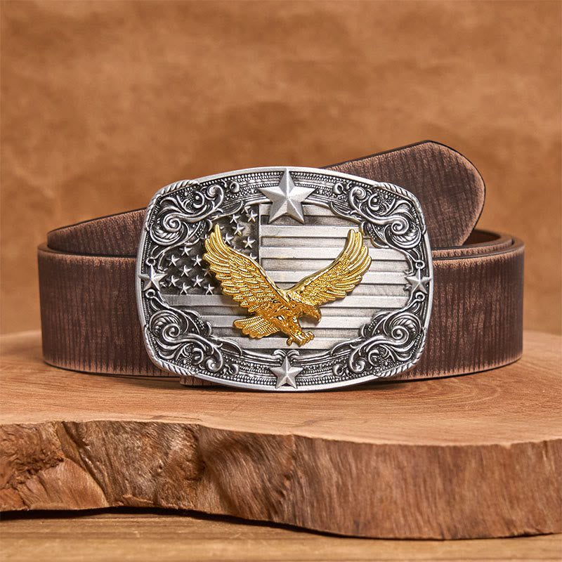 Men's Golden Eagle American Flag Stars Buckle Leather Belt - Brown Distressed Belt - 42 - image 5