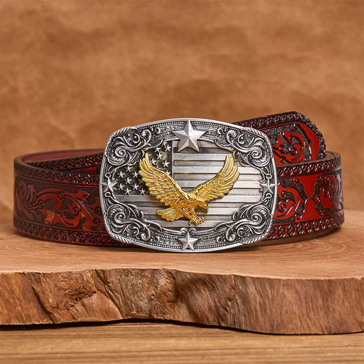 Men's Golden Eagle American Flag Stars Buckle Leather Belt - Brown Carved Belt - 42 - image 6