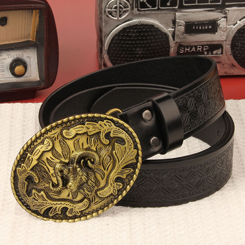 Men's Retro Ram Head Emblem Leather Belt - Style #2 - 42 - image 2